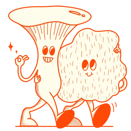 Die shroom-mates-Maskottchen: ein Austernpilz und ein Lion's Mane